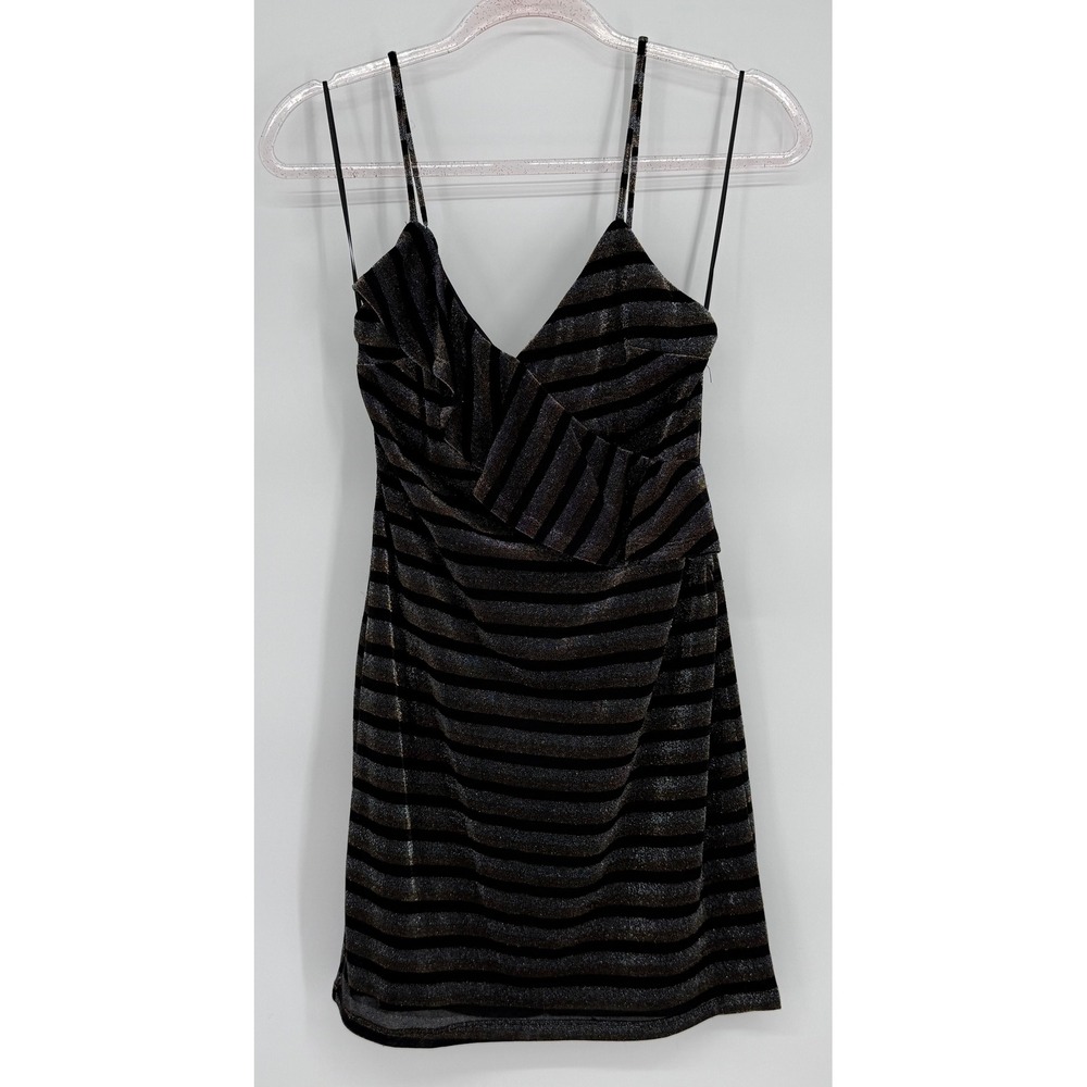 Lush Womensโ Black Metallic Ruffle V-Neck Mini Dress Spaghetti Strap Sz S NEW